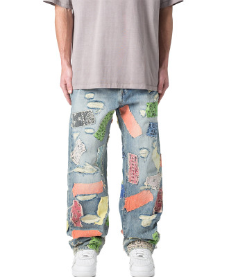 OEM pants | Patch denim pants | Fabric patchwork pants | Irregular pattern | Street skateboard style
