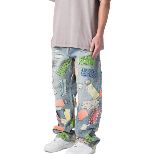 OEM pants | Patch denim pants | Fabric patchwork pants | Irregular pattern | Street skateboard style