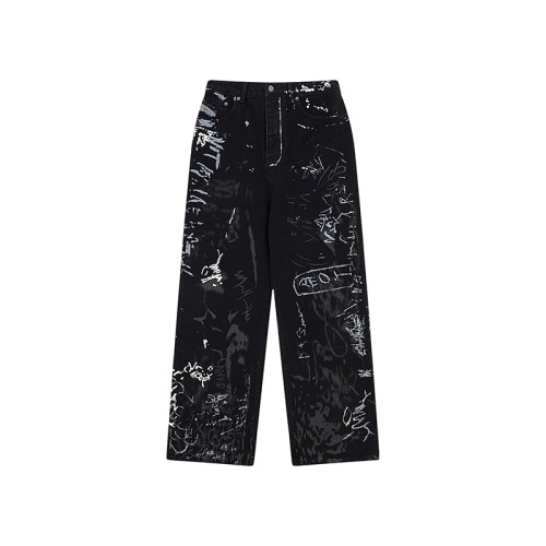 OEM pants | Graffiti denim pants | Irregular graffiti pants | Street skateboarding graffiti printed