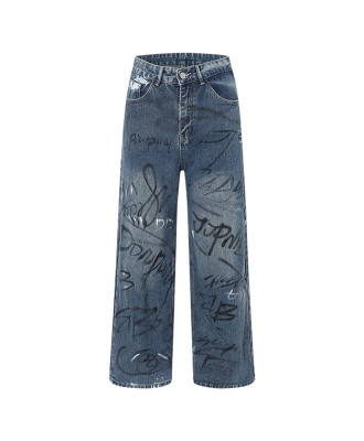 OEM pants | Blue loose straight denim pants | Personalized graffiti pants | Wash pants | Print pants