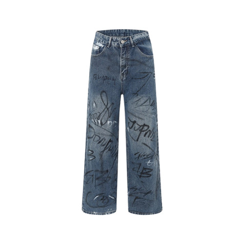 OEM pants | Blue loose straight denim pants | Personalized graffiti pants | Wash pants | Print pants