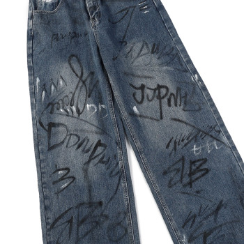 OEM pants | Blue loose straight denim pants | Personalized graffiti pants | Wash pants | Print pants