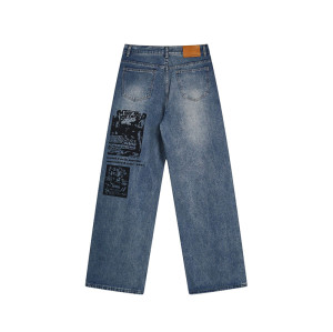 OEM pants | Creative graphic print pants | Straight loose denim pants | Washed denim pants