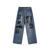 OEM pants | Creative graphic print pants | Straight loose denim pants | Washed denim pants