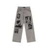 OEM pants | Creative graphic print pants | Straight loose denim pants | Washed denim pants