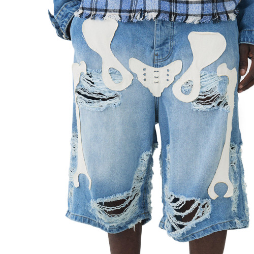 OEM shorts | Personality wash denim shorts | Streetwear skull printed shorts | Vintage ripped shorts