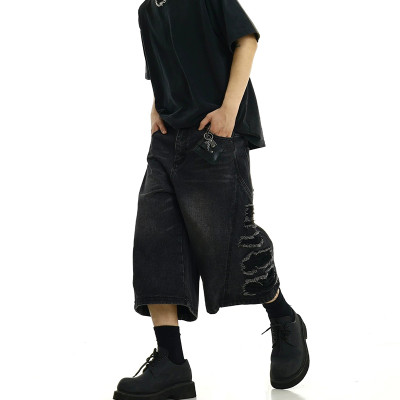 Oem shorts | Multi-pocket denim shorts | Street style straight shorts | Washed vintage patch shorts