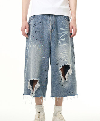 OEM shorts | Street ripped shorts | Personality trend graffiti shorts | Vintage washed denim shorts