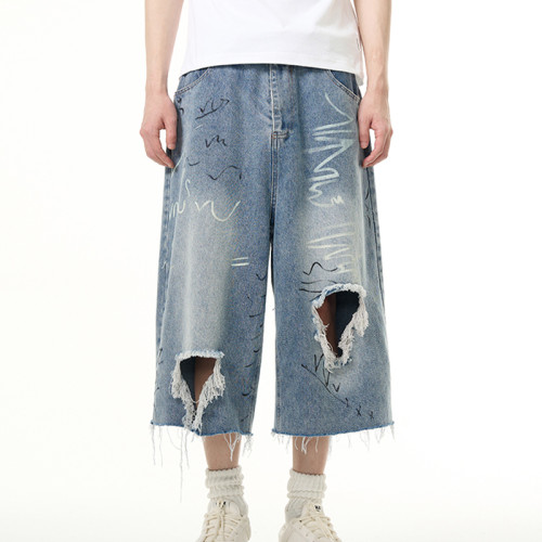 OEM shorts | Street ripped shorts | Personality trend graffiti shorts | Vintage washed denim shorts
