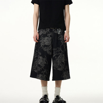 OEM shorts | Classical dragon pattern embroidery shorts | Plus size straight denim cropped shorts