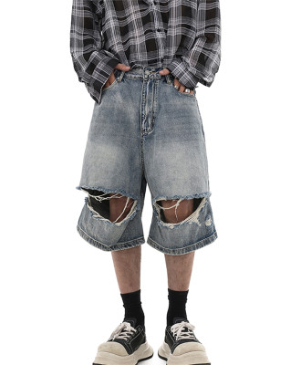 OEM shorts | Blue ripped denim shorts | High quality blue denim shorts | Vintage style washed shorts