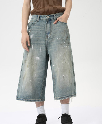 OEM shorts | Men's vintage washed denim shorts | Classic oversized blue denim shorts | Inkjet shorts