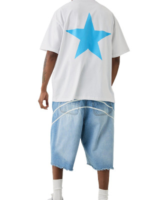 OEM shorts | Light blue washed denim shorts | White striped print shorts | Frayed old style shorts