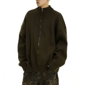 OEM jacket | Olive green knit jacket | Stand-up cardigan jacket | Casual style zipper jacket