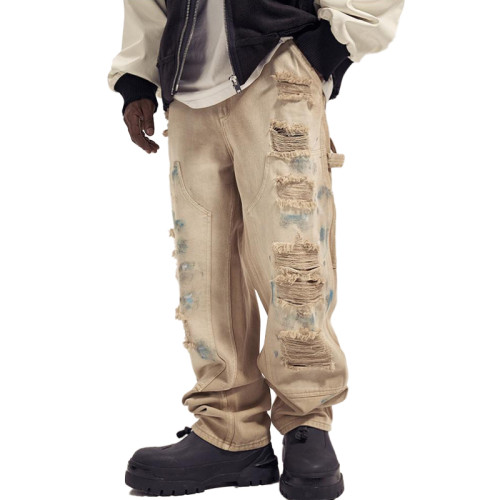 OEM pants | Beige worn ripped pants | Mens street denim pants | Acid wash pant | Graffiti print pant