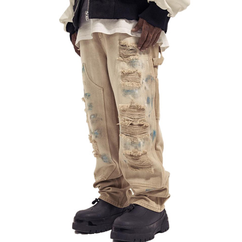 OEM pants | Beige worn ripped pants | Mens street denim pants | Acid wash pant | Graffiti print pant