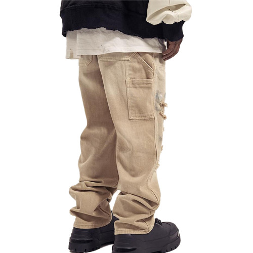 OEM pants | Beige worn ripped pants | Mens street denim pants | Acid wash pant | Graffiti print pant