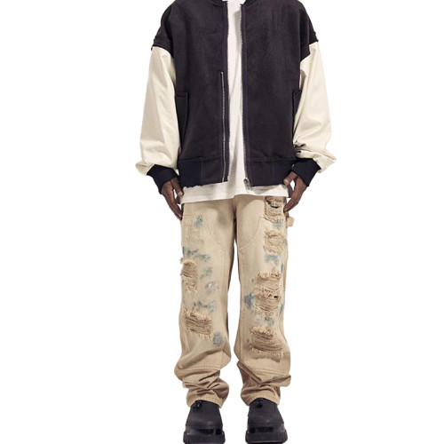 OEM pants | Beige worn ripped pants | Mens street denim pants | Acid wash pant | Graffiti print pant