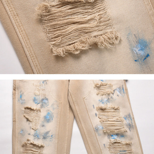 OEM pants | Beige worn ripped pants | Mens street denim pants | Acid wash pant | Graffiti print pant