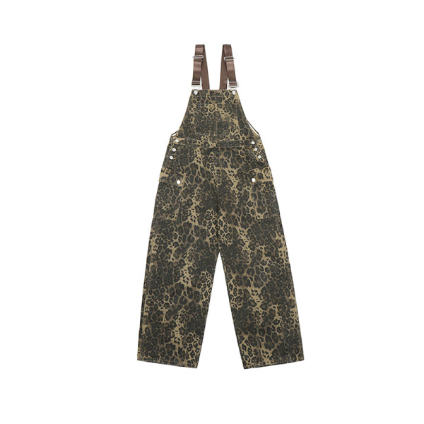 OEM pants | Dark brown leopard print pants | Multi-pocket pants | Mens street suspenders denim pants