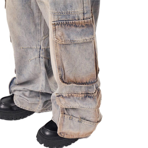 OEM pants | Multi-pockets cargo pants | Men's plus size denim straight pants | Make old washed pants