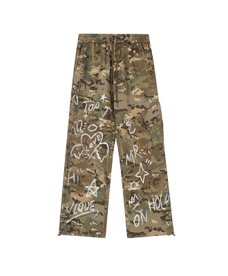 OEM pants | Camo street hip hop pants | Graffiti print pants | Oversized straight drawstring pants