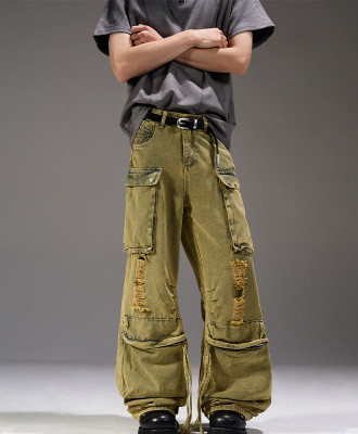 OEM pants | Ripped cargo pants | Olive green washed pants | Multifunctional street hiphop pants