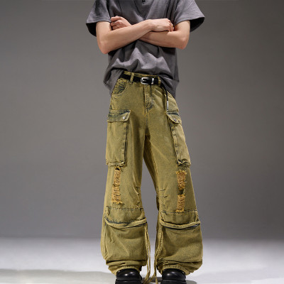 OEM pants | Ripped cargo pants | Olive green washed pants | Multifunctional street hiphop pants