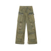 OEM pants | Ripped cargo pants | Olive green washed pants | Multifunctional street hiphop pants