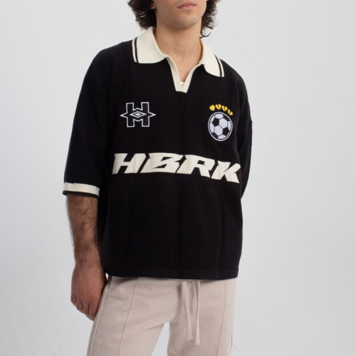 Black and white knit sports polo | Street embroidery graphic top | Soccer cup style short sleeve tee