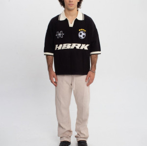 Black and white knit sports polo | Street embroidery graphic top | Soccer cup style short sleeve tee