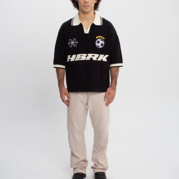 Black and white knit sport polo | Street embroider graphic | Soccer cup style tee | Garment supplier