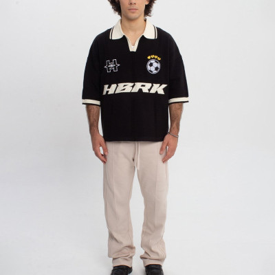 Black and white knit sport polo | Street embroider graphic | Soccer cup style tee | Garment supplier