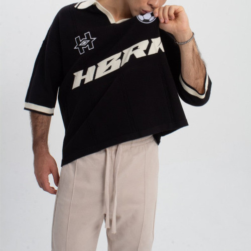 Black and white knit sports polo | Street embroidery graphic top | Soccer cup style short sleeve tee