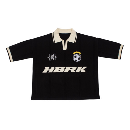 Black and white knit sports polo | Street embroidery graphic top | Soccer cup style short sleeve tee