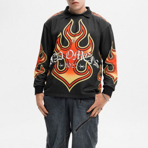 Polyester soft jersey | Streetwear supplier | Men's black long-sleeved tops | Large pattern printed