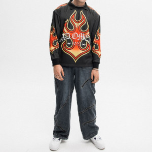 Polyester soft jersey | Streetwear supplier | Men's black long-sleeved tops | Large pattern printed