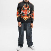 Polyester soft jersey | Streetwear supplier | Men's black long-sleeved tops | Large pattern printed