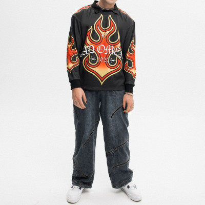 Polyester soft jersey | Streetwear supplier | Men's black long-sleeved tops | Large pattern printed