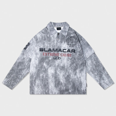 Men long sleeve denim jersey | Turn-down collar | Embroidered pattern | Acid wash t-shirts | Factory