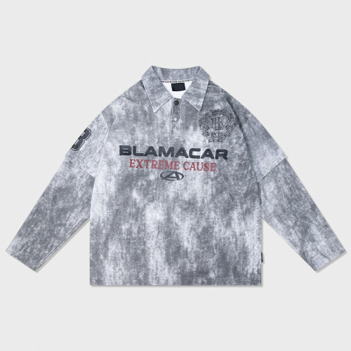Men long sleeve denim jersey | Turn-down collar | Embroidered pattern | Acid wash t-shirts | Factory