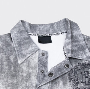 Men long sleeve denim jersey | Turn-down collar | Embroidered pattern | Acid wash t-shirts | Factory