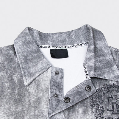 Men long sleeve denim jersey | Turn-down collar | Embroidery pattern | Washed tee | Apparel factory