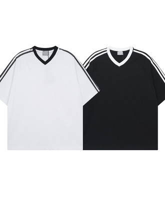 Garment supplier | Cotton v-neck sports t-shirts | Unisex striped tee | Loose fit activewear