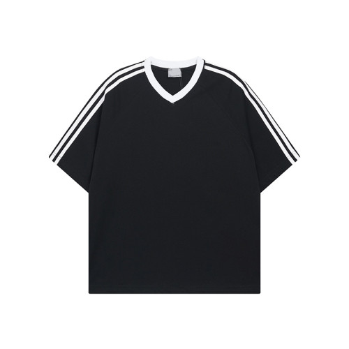Garment supplier | Cotton v-neck sports t-shirts | Unisex striped tee | Loose fit activewear