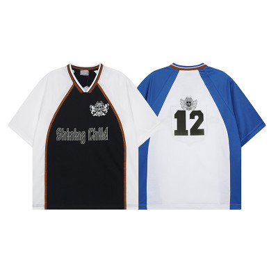 Colourblock polyester top | Clothing factory | Men plus size jersey t-shirt | Digital print | V-neck
