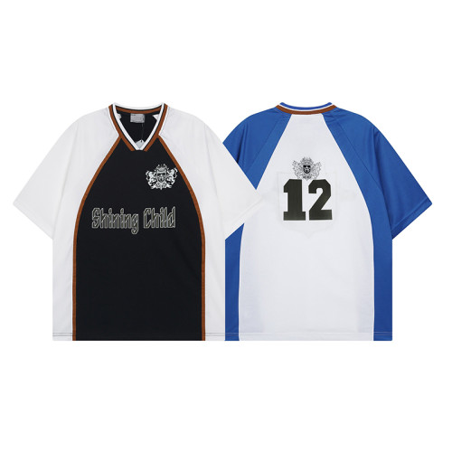 Colourblock polyester top | Clothing factory | Men plus size jersey t-shirt | Digital print | V-neck