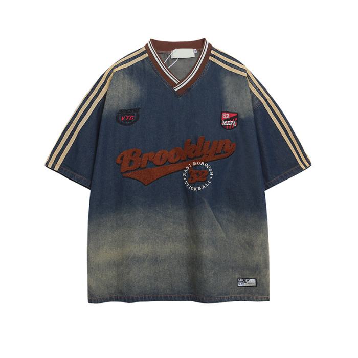 Garment factory | Streetwear denim t-shirts | Towel embroidery graphic tee | V-neck jersey | Washed