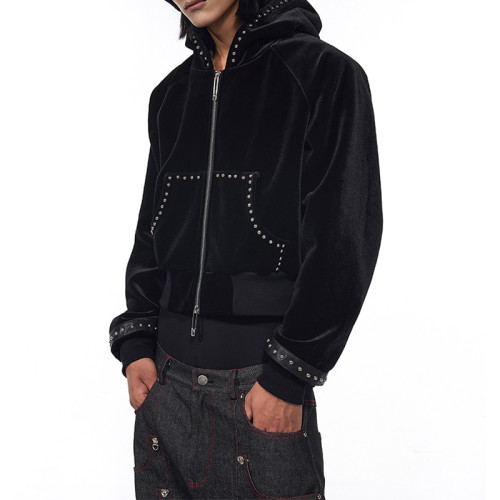 Black velvet hooded jacket | Street rhinestone jacket | Mens short zipper jacket | Clothing supplier