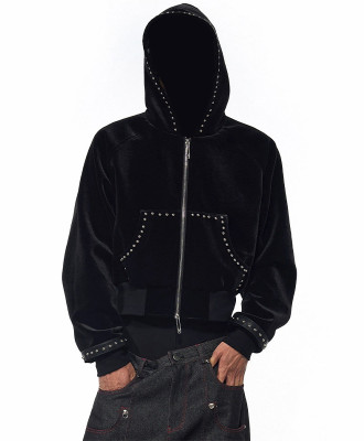 Black velvet hooded jacket | Street rhinestone jacket | Mens short zipper jacket | Clothing supplier